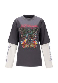Donkergrijze graphic t-shirt met een kleurrijk ontwerp van een draak en een tijger. Lange witte mouwen met blauwe tekstaccenten. Gemaakt van katoen, met een relaxte pasvorm.