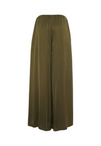 Pantaloni a gamba larga verde oliva con elastico in vita. Realizzati in un tessuto morbido e leggero, presentano un design fluido e una lunghezza completa.