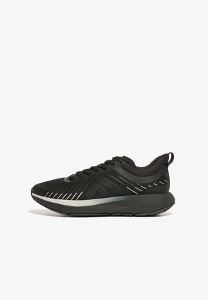 Black athletic shoes with a mesh upper, textured surface, reflective accents, and a cushioned sole, designed for comfort and performance.