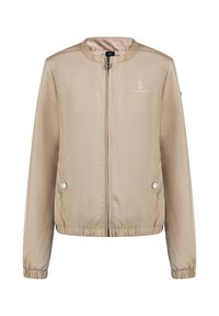 Světlý béžový bomber sako vyrobené z hladké, lehké tkaniny. Má kulatý výstřih, zipové zapínání a elastické manžety. Logo na hrudi.