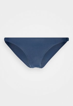 Parte inferior de biquíni azul marinho feita de tecido suave, apresentando um corte baixo, design minimalista e bordas costuradas para maior durabilidade.