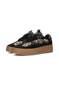 Schwarze Wildleder-Sneaker mit Akzenten im Leopardenmuster, strukturierten schwarzen Details und einer beigefarbenen Plattformsohle. Mit schwarzen Schnürsenkeln und Mesh-Einsätzen.