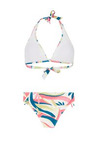 Bikini souprava s bílým trojúhelníkovým vrškem a vícebarevnými vzorovanými ramínky, a bikinovými kalhotkami s živým tropickým listovým potiskem v růžové, zelené a modré.