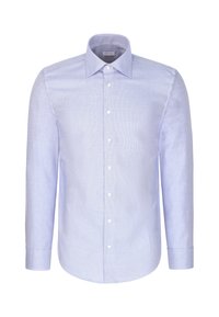 Chemise habillée homme bleu clair à manches longues avec fermeture à boutons sur le devant et col pointu, présentée sur fond blanc.