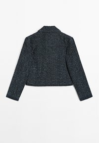 Dark blue textured jacket with a collar and long sleeves, shown from the back against a plain white background.