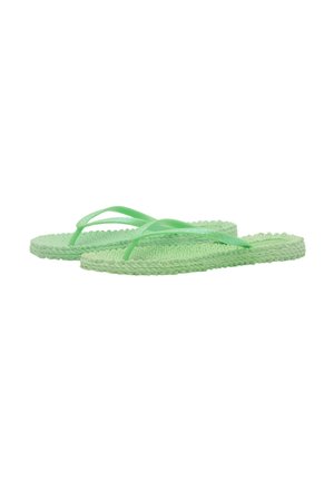 Pair of light green woven flip-flops with textured soles and smooth thin straps, shown against a white background.
