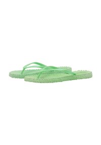 Groene gevlochten flip-flops met dunne banden, gestructureerde zolen en een gevlochten randafwerking. Lichtgewicht en flexibele ontwerp, geschikt voor casual gebruik.