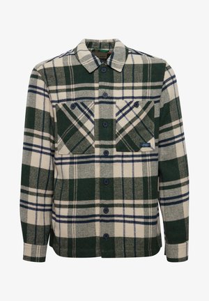 Rutete flanellskjorte i grønn, hvit og marineblå. Har to brystlommer, knappeåpning, spiss krage og teksturert stoff.
