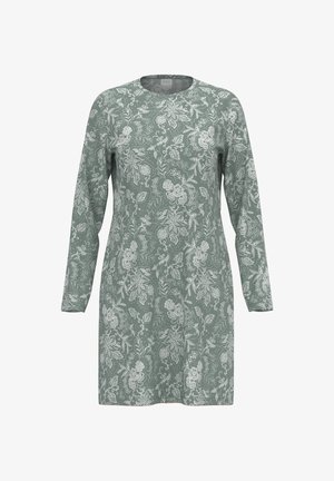 Langdurige jurk in gedempt groen met intricaat witte bloemenpatronen, ronde halslijn en een relaxte pasvorm, gemaakt van zachte stof.