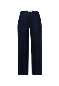 Pantalon large en lin bleu marine avec une taille haute, des coutures minimales, une texture lisse et une coupe décontractée sur toute la longueur des jambes.