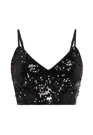 Schwarzes Pailletten-Bralette mit V-Ausschnitt und dünnen verstellbaren Trägern; verfügt über eine strukturierte, glänzende Oberfläche.