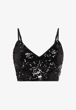 Schwarzes Pailletten-Bralette mit V-Ausschnitt und dünnen verstellbaren Trägern; verfügt über eine strukturierte, glänzende Oberfläche.