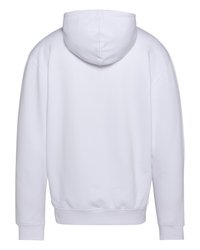 Felpa bianca con cappuccio, dal taglio rilassato, con polsini e orlo a coste, e una texture liscia e morbida. Nessuna ulteriore scritta o design visibile.