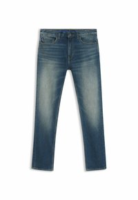 Dark blue denim jeans featuring a straight leg design, light fading, classic pockets, and a button closure. Texture is smooth with stitched accents.