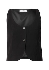 Schwarzes ärmelloses Oberteil mit einem runden Ausschnitt, zwei Knöpfen an der Vorderseite und einer glatten Stoffstruktur; minimalistisches Design mit tailliertem Schnitt.