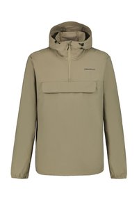 Pull léger beige avec capuche, poche avant, fermeture éclair à mi-hauteur et poignets élastiques. Fabriqué à partir d'un matériau lisse et résistant à l'eau.