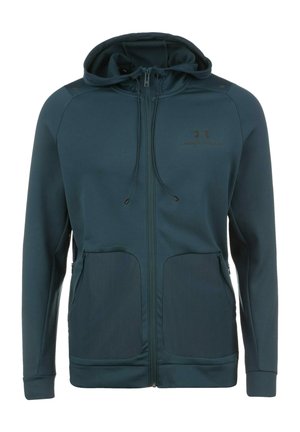 Dunkelgrüner, texturierter Reißverschluss-Hoodie mit Kordelzugkapuze, zwei Vorderseiten und einem kleinen Logo auf der Brust.