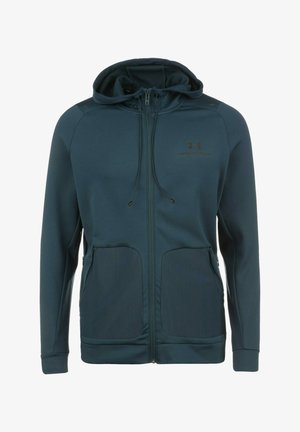 Dunkelgrüner, texturierter Reißverschluss-Hoodie mit Kordelzugkapuze, zwei Vorderseiten und einem kleinen Logo auf der Brust.