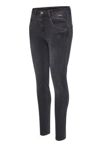 Temno modre skinny kavbojke z kontrastnim šivanjem, sprednjim zadrgo in več žepi za funkcionalnost. Gladka struktura s rahlim zbledelostjo.