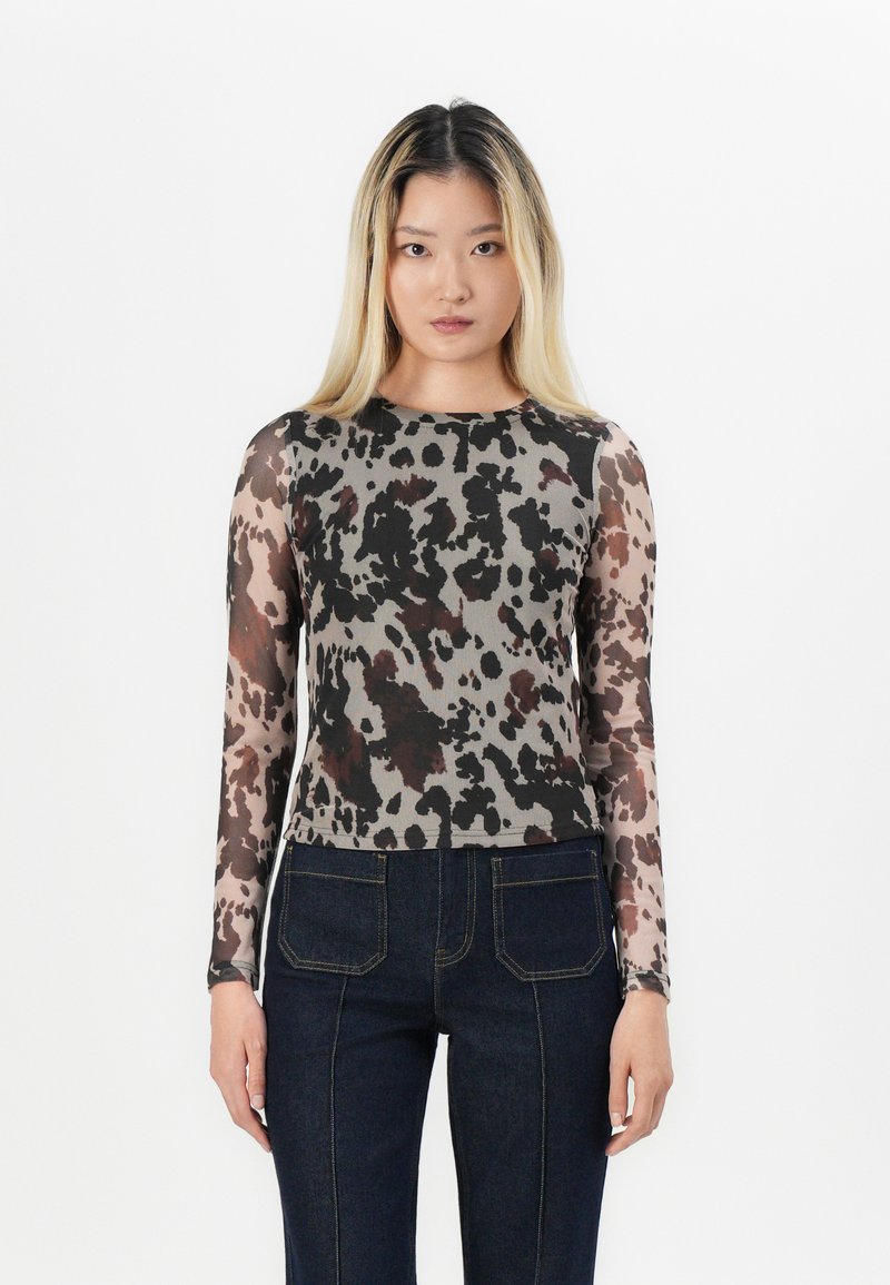 Long-sleeve, fitted top with a gray base featuring a black and reddish-brown abstract pattern. The sleeves are semi-transparent mesh fabric.