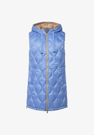 Quiltet ærmeløs vest i lyseblå med hætte, der har en frontlynlås, kontrastfarvet lys brun foring og en struktureret, bobleagtig mønster.