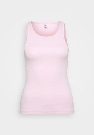 Rózsaszín pamut ujjatlan felső bordázott textúrával és klasszikus, kerek nyakkal. Ujjatlan kivitel, testhez simuló sziluett, zavartalan részletezés.