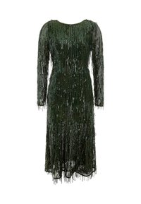 Zielona sukienka z cekinami, z długimi rękawami, z dopasowanym korpusem i frędzlami u dołu. Tekstura jest błyszcząca, co tworzy efekt warstwowy.