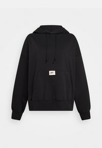 Melnas kapuces džemperis ar auklu, priekšējā kangaroo kabata un neliela birka ar Nike logo. Izgatavots no mīksta, viendabīga auduma.
