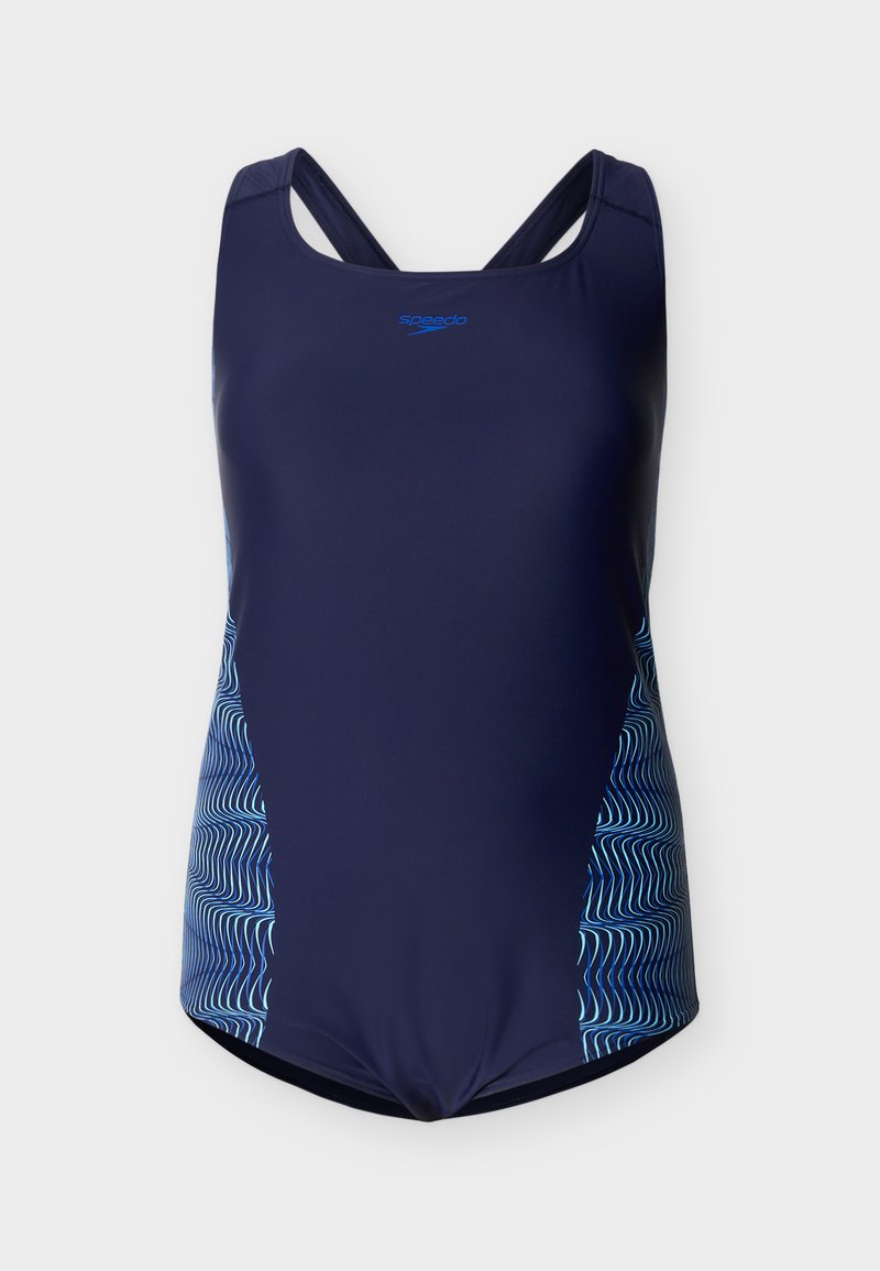 Μπλε ναυτικό ολόσωμο μαγιό Speedo με λωρίδες που τέμνονται στην πλάτη και ανοιχτό μπλε κυματιστά σχέδια στα πλαϊνά.