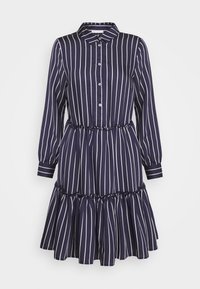 Vestito camicia blu navy con strisce verticali bianche, chiusura frontale con bottoni, maniche lunghe, vita elasticizzata e orlo arricciato.
