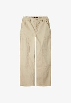 Pantalons cargo beiges à jambes larges, avec deux poches avant et des poches latérales renforcées. Fabriqués en tissu mélangé coton durable.