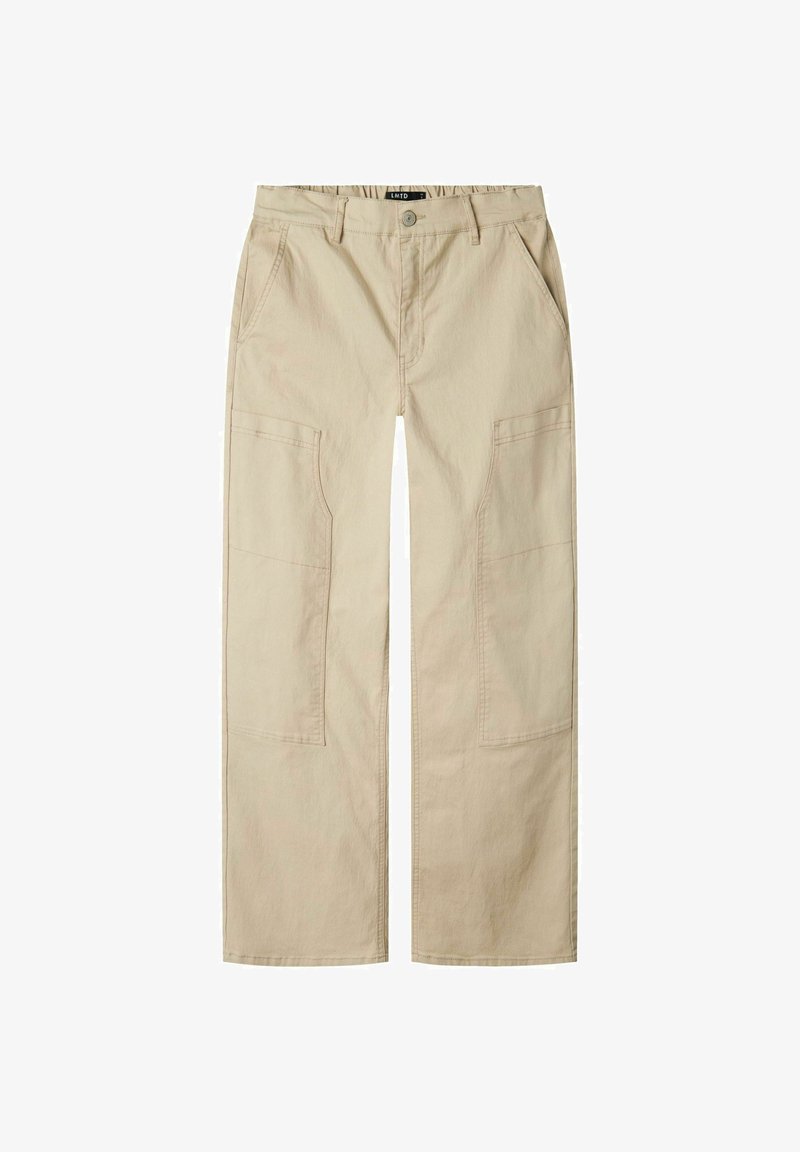 Pantalons cargo beiges à jambes larges, avec deux poches avant et des poches latérales renforcées. Fabriqués en tissu mélangé coton durable.