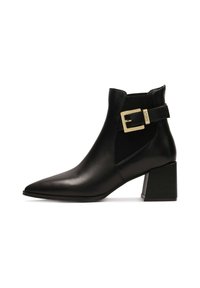 Black leather ankle boot with a pointed toe, ribbed elastic side panel, and gold-tone buckle accent on a chunky rectangular heel.