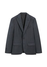 Dunkelgrauer Blazer mit Reverskragen, zwei Fronttaschen, einem Ein-Knopf-Verschluss und strukturiertem Stoff. Glatte Innenfutter.