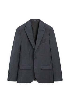 Dark gray blazer featuring a notch lapel, two front pockets, a single button closure, and textured fabric. Smooth interior lining.