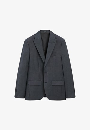 Dunkelgrauer Blazer mit Reverskragen, zwei Fronttaschen, einem Ein-Knopf-Verschluss und strukturiertem Stoff. Glatte Innenfutter.
