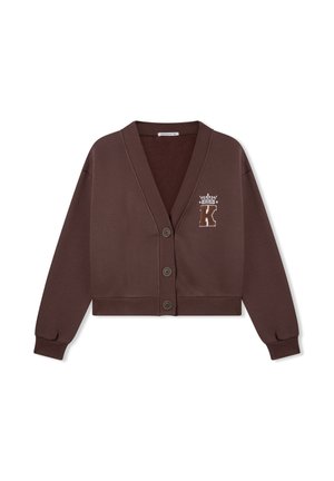Cardigan corto marrone in tessuto morbido, con scollo a V, maniche lunghe e quattro bottoni frontali. Dettaglio ricamato con la lettera 'K' sul petto.