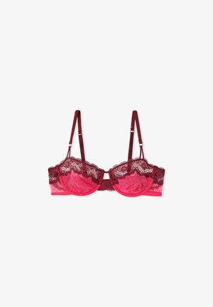 Lace-trimmed bra in pink and burgundy, featuring underwire cups, adjustable straps, and a floral lace pattern along the edges.