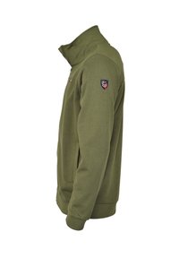 Oliwkowy polar na zamek z kołnierzem, z logo naszywką na lewym ramieniu, ściągaczami przy mankietach i bocznymi kieszeniami.