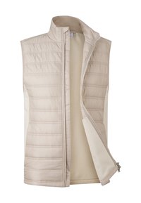 Beige ärmellose Steppweste mit gestepptem Design, Stehkragen, Frontreißverschluss und kontrastierenden Seitenpaneelen. Glattes Innenmaterial.
