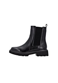 Black leather ankle boots with elastic side panels, rounded toe, and chunky rubber sole featuring traction detailing. Logo on the side.