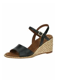 Černé kožené sandály na klínu s otevřenou špičkou, kotníkovým páskem a zlatou sponou. Tkaný materiál podobný jutě tvoří klínový podpatek. Měkká hnědá stélka.