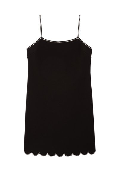 Robe nuisette noire à bretelles fines, avec un ourlet festonné orné de petits clous argentés. Tissu lisse avec une silhouette ajustée.