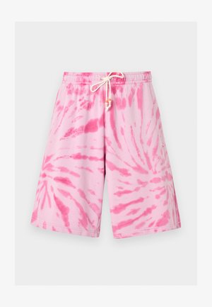 Pantaloncini rosa e bianchi tie-dye fino al ginocchio con vita elasticizzata e coulisse bianca annodata a fiocco al centro davanti.