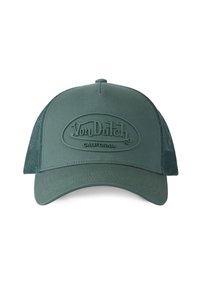 Gorra trucker de Von Dutch en verde oscuro con malla en la parte trasera y logo en relieve que dice "Von Dutch California" en el panel frontal.