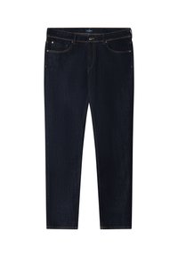 Tamnoplave traperice ravnog kroja s prednjim i stražnjim džepovima, petljama za remen i kopčanjem na gumb, položene ravno na bijeloj pozadini.