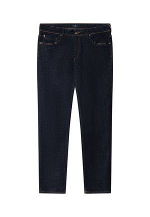 Mørkeblå jeans med lige ben, for- og baglommer, bæltestropper og knaplukning, lagt fladt på en hvid baggrund.