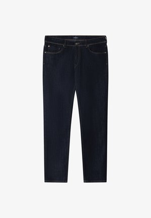 Jean droit bleu foncé avec poches avant et arrière, passants pour ceinture, et fermeture par bouton, posé à plat sur un fond blanc.