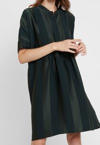 Musta vihreä lyhythihainen mekko, jossa on pyöreä kaula-aukko, nappisuljin ja pystysuorat raidat. Kankaan pinta on sileä ja kiiltävä.