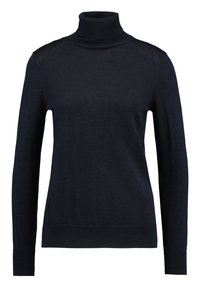 Svart långärmad polotröja med ribbad krage, ärmar och kant, visad på en vit bakgrund.